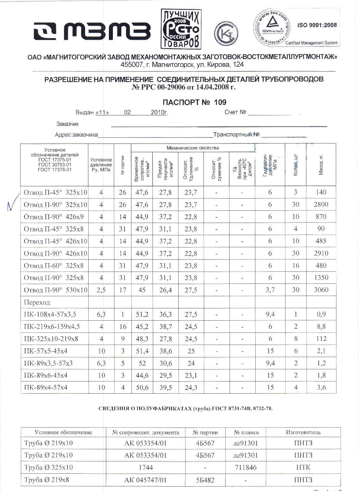 Сертификат на отвод 325х10 90гр